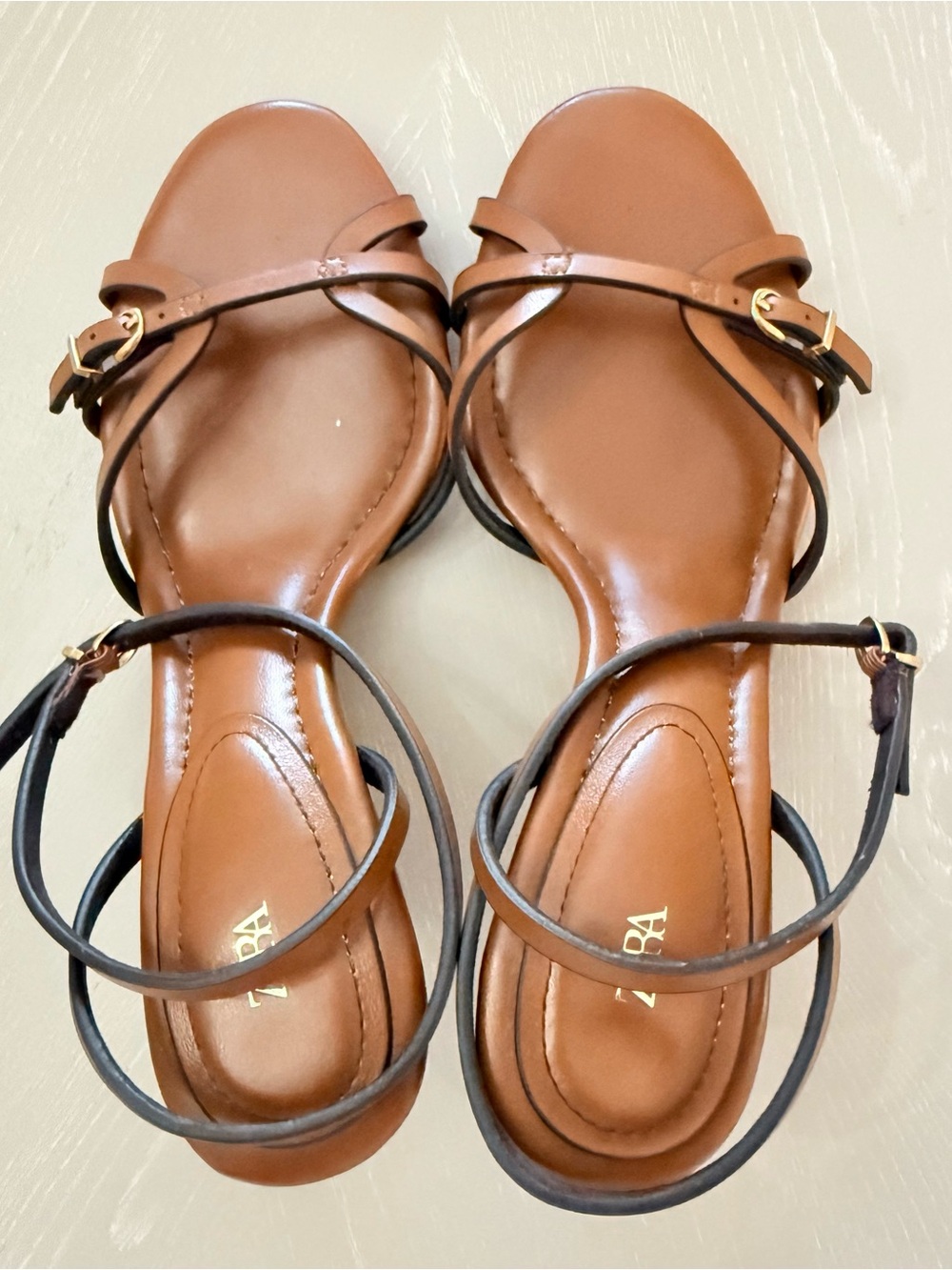 Zara Tan Brown Leather Strappy Sandals with Ankle Wrap